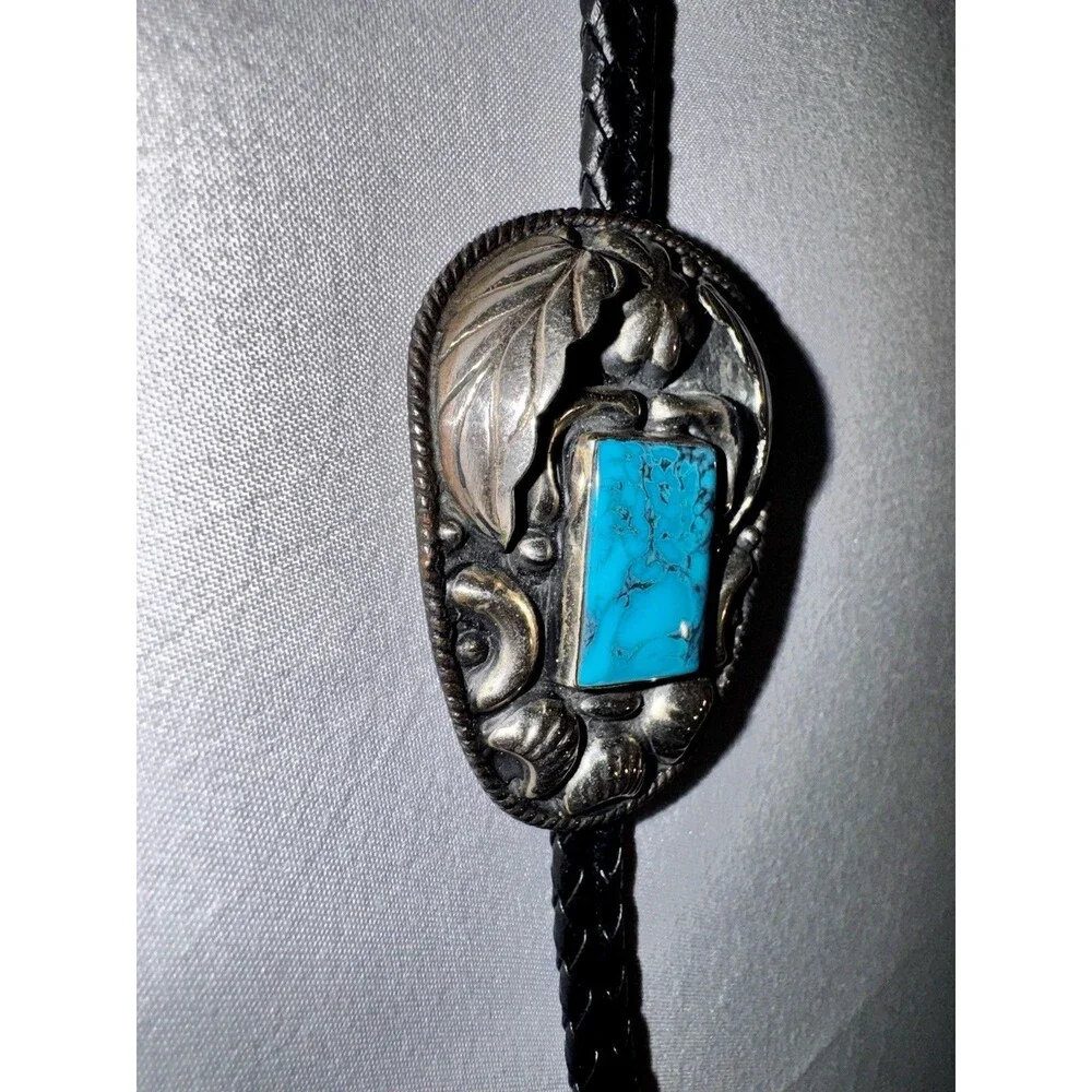 Vintage Sterling Silver & Turquoise Western Bolo Made In Mexico